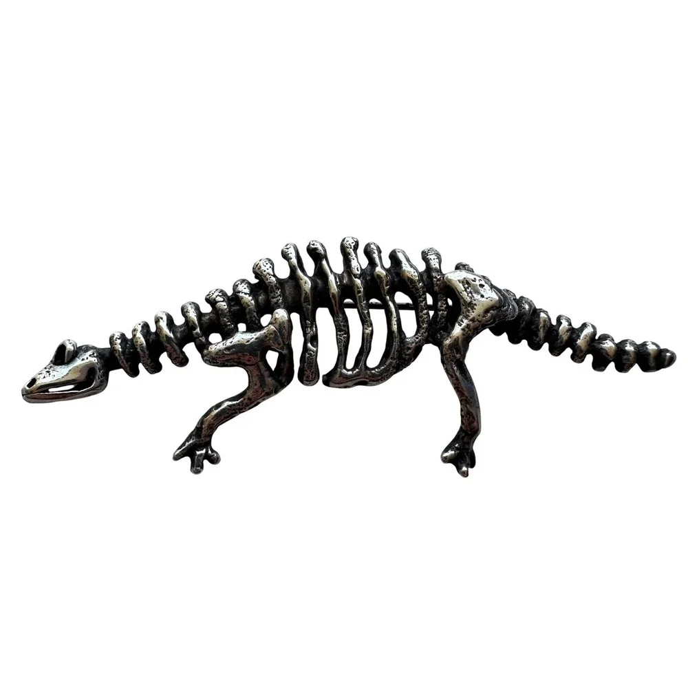 Vintage 925 Sterling Silver Dinosaur Skeleton Brooch Pin‎ Lizard Fossil Bone